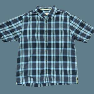 Tommy Bahama Plaid Button Front Casual Navy Blue Silk Shirt Men's Size Large